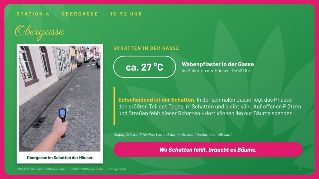Folie 10: Obergasse. Pflaster in der schmalen Gasse im Schatten der Häuser ca. 27 °C. Wo Schatten fehlt, braucht es Bäume.