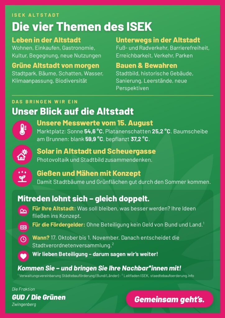 Aushang „Die vier Themen des ISEK“: Leben, Unterwegs, Grüne Altstadt und Bauen & Bewahren sowie „Unser Blick auf die Altstadt“ mit den Vorschlägen von GUD/Die Grünen.